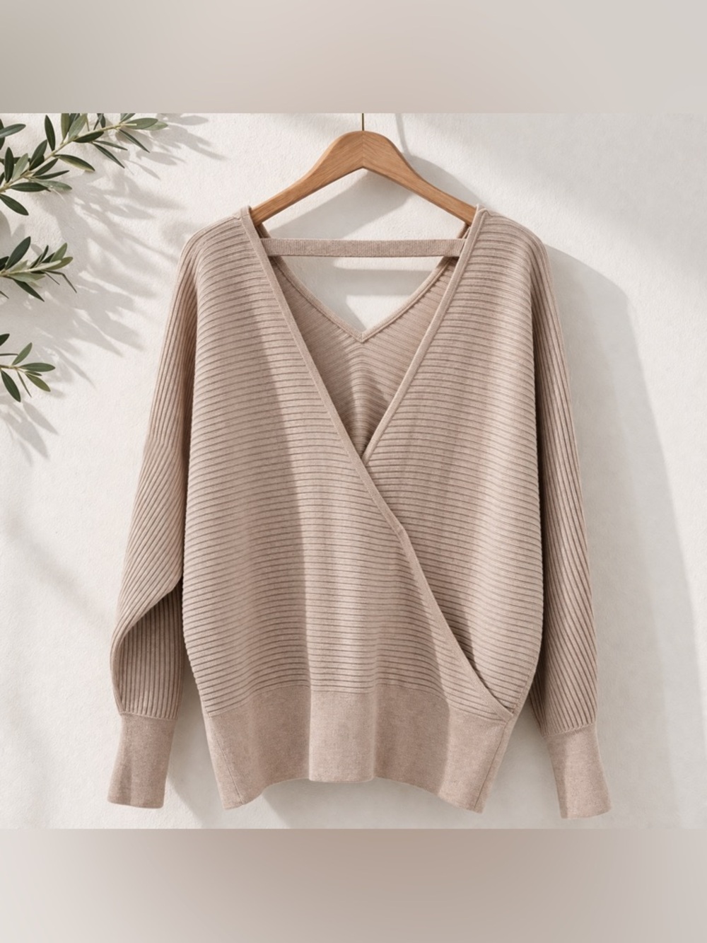 PINK ROSE Ribbed Cream Long Sleeve Back Wrap V-Neck Sweater Women's Size XL